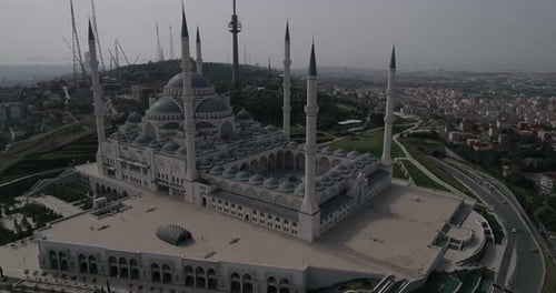Aerial video around the Camlica mosque, with six minarets Turkey