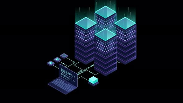 Database servers animation. Server room data center. Hosting server ...