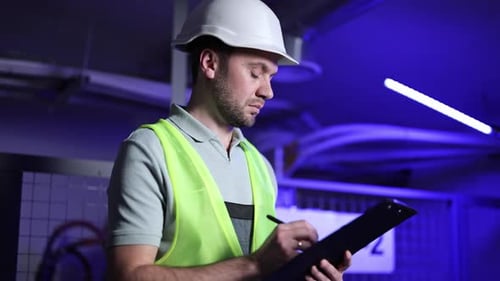 Electrical Engineer in Server Room Checking Control Panel and Writing on Clipboard