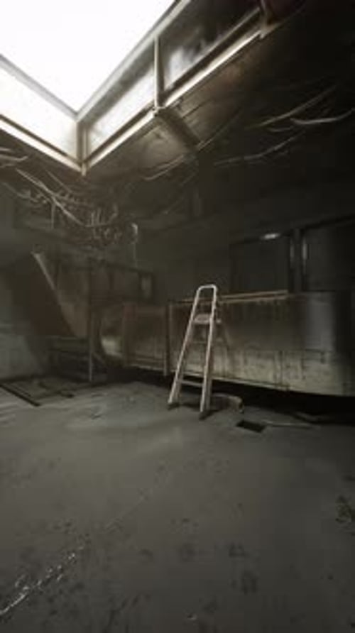 Abandoned Industrial Space with a Ladder and Overhead Lighting