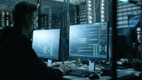Young Hacker Breaks into Corporate Data Servers from His Underground Hideout. Place Has Dark Atmosp
