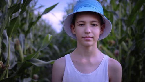 Teenager Stands in Green Cornfield Wearing Blue Hat