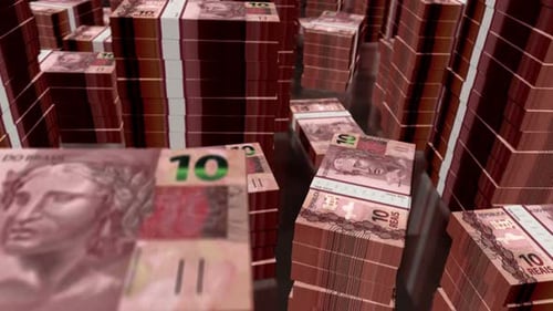 3d flight over Brazil Real money banknote packs loop
