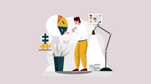 Animated Person Analyzing Data Pie Chart with Puzzle Pieces