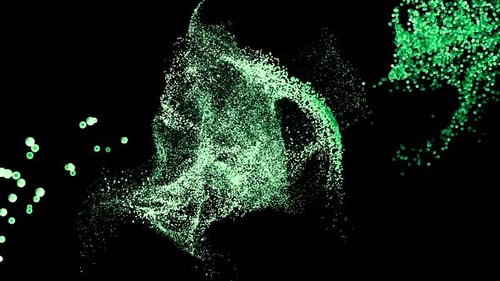 Green glowing neon circles moving chaotically on black background. 3D rendering