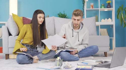 Young man and woman studying at home. University and school friends.