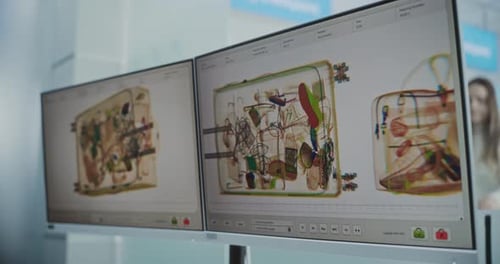 Security System in Airport Computer Screens Displaying Software Interface for Xray Scanning of
