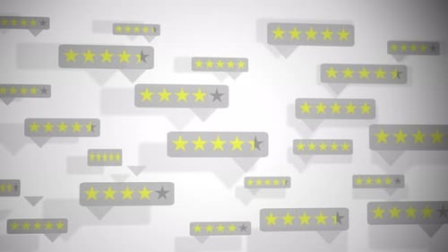 Abstract composition of floating star review badges with speech bubbles, expressing crowd feedback