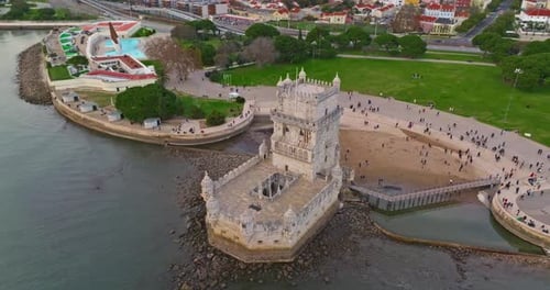 Aerial View of Belem Tower in Lisbon Medieval Building Touristic Landmark Lisbon Portugal