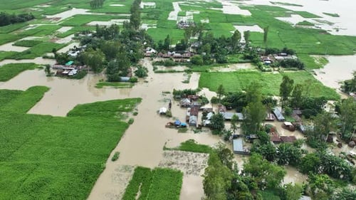 Aerial view of flood-affected village, Bangladesh.