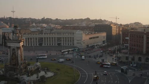 High angle view of Spanish Square in Barcelona, Spain in the evening. View of the famous place with