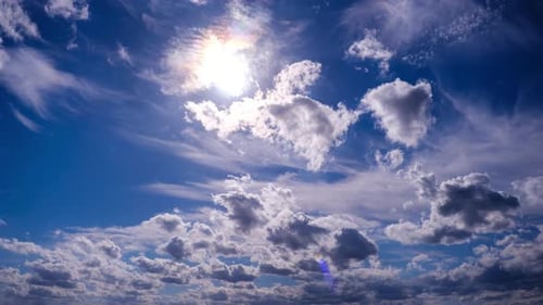 Timelapse of Fluffy Clouds Moving Under the Sun in the Blue Sky