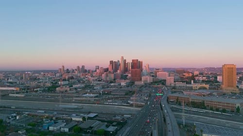 Aerial view of Los Angeles skyline, United States.
