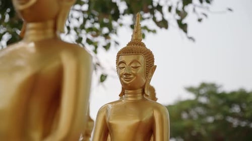A serene golden Buddha statue in an outdoor setting at the Ancient City
