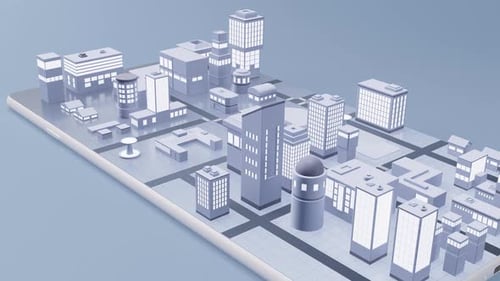 Teléfono móvil con edificios de la ciudad en la pantalla