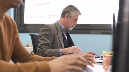 Men Working at Desks in Bright Modern Office