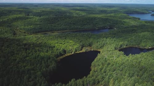Drone push in view of a remote lake surrounded by woods and trees hb05