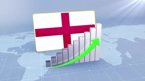 England Flag With Increasing Bar Chart Graph And Arrow Green