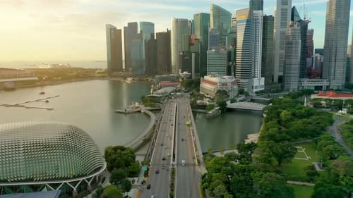 aerial view 4k video of the Singapore City Skyline. Central Area sunrise.