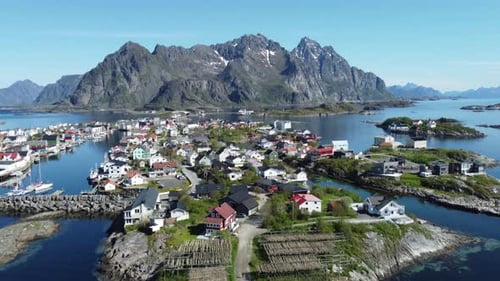 Aerial view of fishing village on Lofoten Islands in Norway