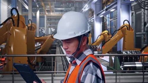 Nahaufnahme eines asiatischen männlichen Ingenieurs, der an einem Tablet mit Roboterarmen arbeitet