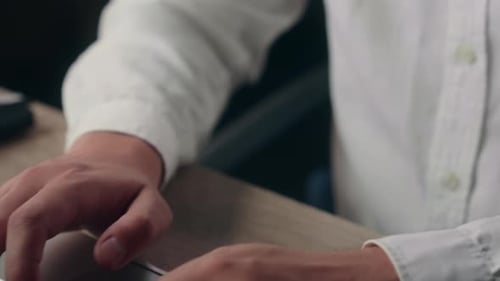 Caucasian Business Man Male Entrepreneur Programmer Typing on Laptop Close Up Inside Office Serious