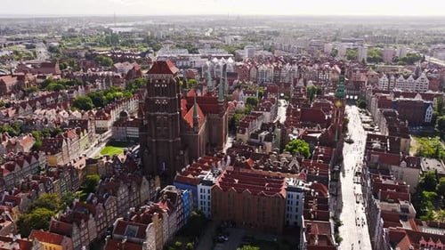 Iconic morning view over rebuilt Gdansk old town historic landmarks