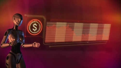 An Android Works With A Virtual Chart Of Falling Dollar Quotes