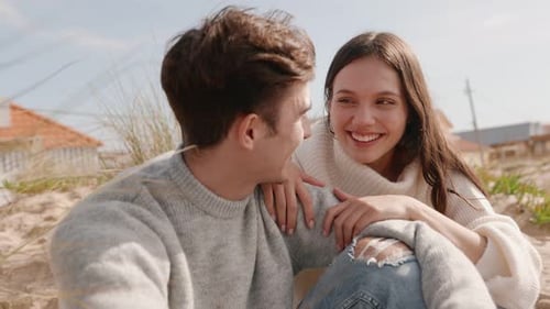 Beach Laughter Smiling Couple Enjoying Sunny Day By the Shore