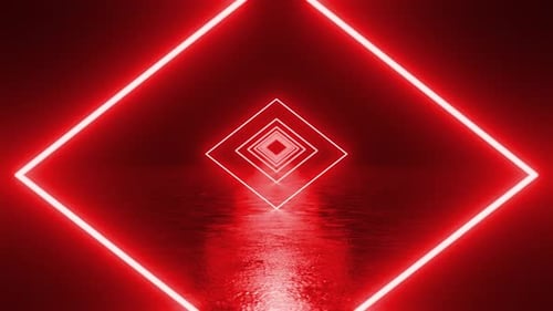 Red neon square tunnel reflecting on wet floor