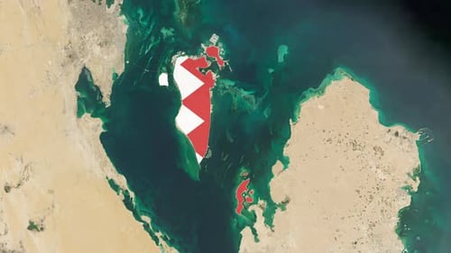 Global Map Zoom to Bahrain with Flag Reveal