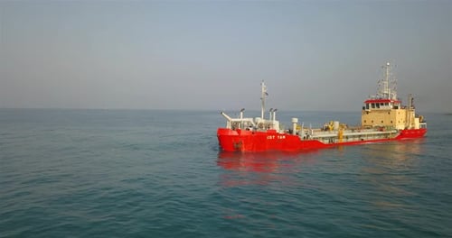 Aerial footage over Sand dredging ship in Mediterranean Sea