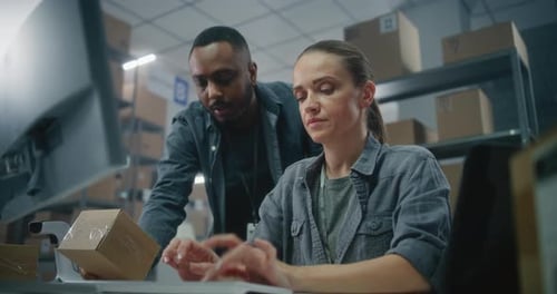 African American Warehouse Employee Scans Code on Parcel Female Logistics Specialist Uses Computer