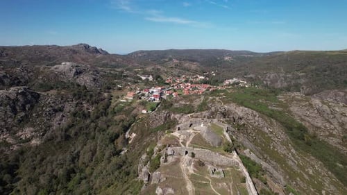 Aerial View Village of Castro Laboreiro and Medieval Castle on the Mountains