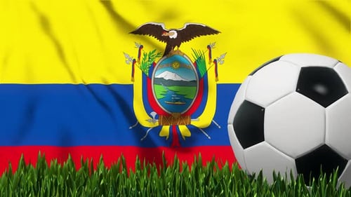 Ecuador Flag Waving with Soccer Ball on Green Grass