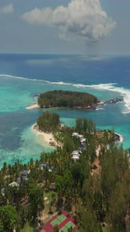 Close Up Fly Over Palm Trees and Beautiful Beach Lagoon Paradise Island in Mauritius Landscape View