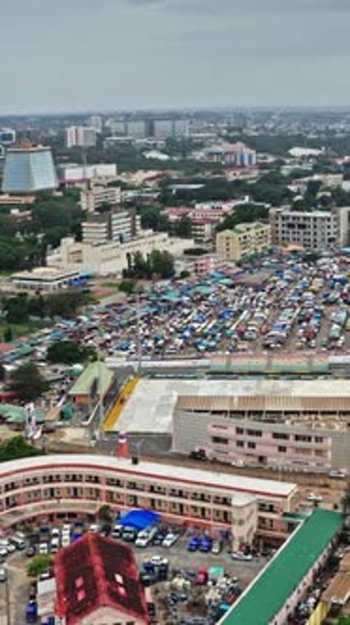 Aerial view of bustling market and urban landscape in Accra, Ghana