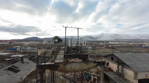 Aerial of Derelict Industrial Area with Crumbling Buildings