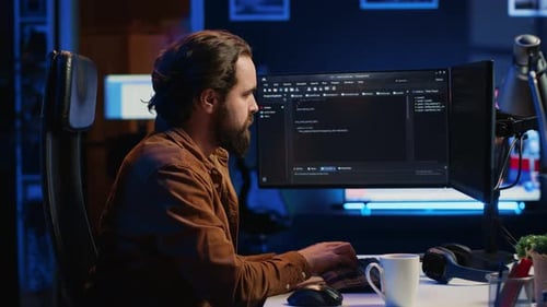 IT Specialist Sitting at Computer Desk Working on Desktop PC