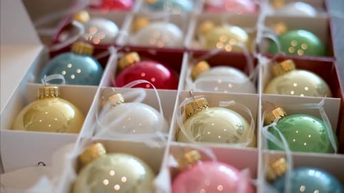 View of shiny, colorful Christmas tree balls in a box.