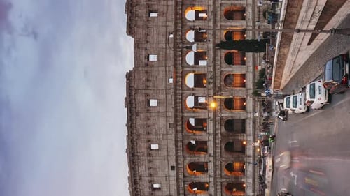 Rome Italy Colosseum Traffic Near Flavian Amphitheatre During Sunset Evening And Night Time Famous