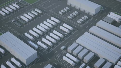 Overhead View of a Large Logistics and Distribution Center with Trucks