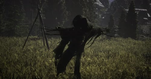 Scarecrow Standing Alone in a Moonlit Field Surrounded By Forest