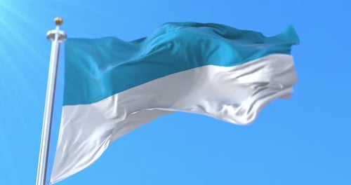 Realistic Blue and White Flag Waving in Clear Blue Sky