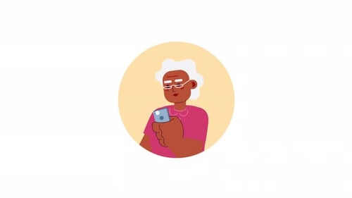 Animated Flat Design Avatar of an Elderly Woman Using a Smartphone