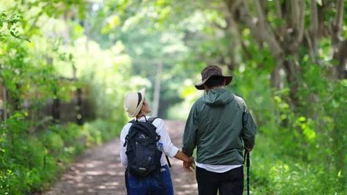 4K Asian mature adult couple hiking together in green forest.