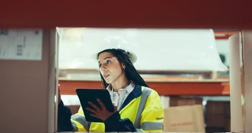 Industry, tablet and woman in a warehouse for inventory, stock take or distribution
