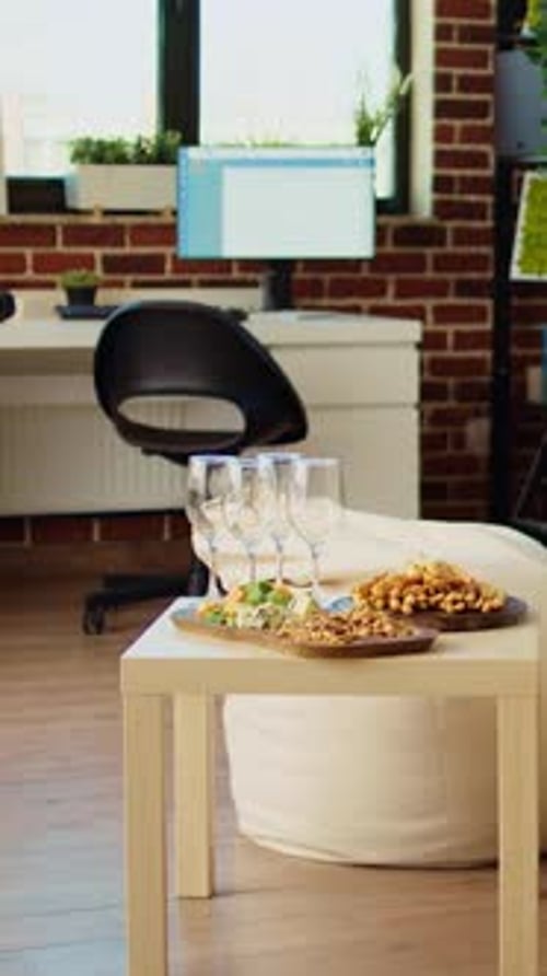 Vertical Video Empty Stylish Cozy Apartment Living Room with Charcuterie Board and Cheese Plater on