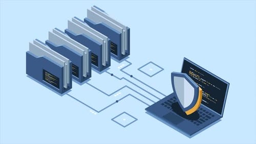Proteção isométrica de dados com animação de pastas e laptops. Segurança de pastas. Documentos seguros