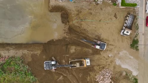 Aerial View Building Foundations Concrete Pour and Machinery in Action